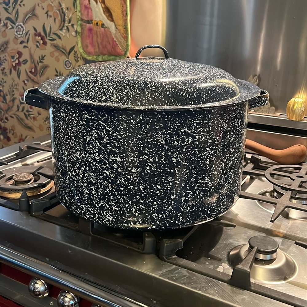 Large Blue Graniteware canning pot with canning basket